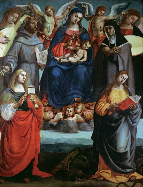 Luca Signorelli e bottega - Madonna col Bambino in gloria, angeli e i santi Francesco, Chiara, Margherita e Maddalena
