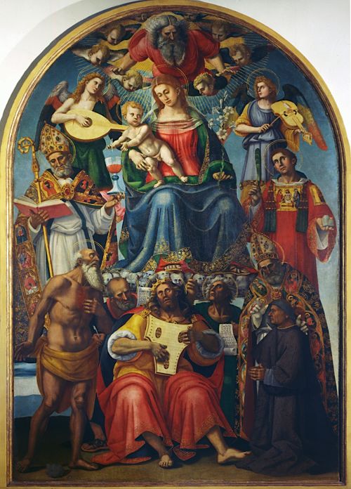 Luca Signorelli e bottega - Madonna col Bambino in gloria, lʼEterno, angeli musicanti, i santi Donato, Stefano, Girolamo e Nicola di Bari, i profeti Davide, Ezechiele e Isaia e il donatore, Niccolo Gamurrini