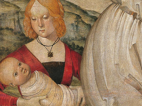 Bartolomeo della Gatta, San Michele Arcangelo, una devota e il suo bambino infante (part.)