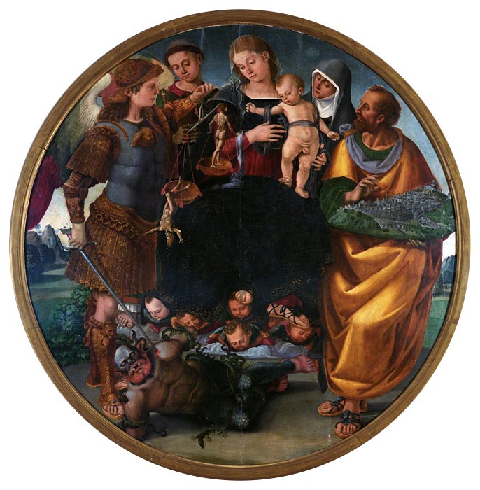 Luca Signorelli (attr.), Vergine col Bambino, l’arcangelo Michele e i santi Vincenzo da Saragozza,
Margherita da Cortona e Marco